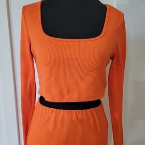 Orange Ribbed Long Sleeve Crop Top